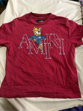 AMIRI Kids Red Tee with Tiger Graphic and Rhinestone Logo